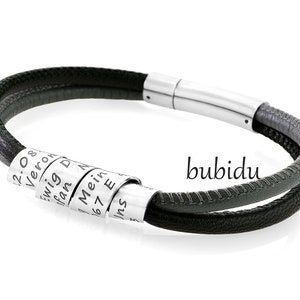 Pulsera de hombre con grabado negro, pulsera de cuero unisex para hombre y mujer, colgante envolvente con texto en espiral, nombre, fechas, recuerdo, amistad, pareja.