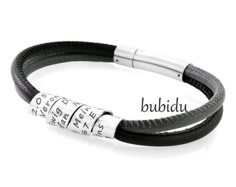 Men's bracelet black engraving, leather bracelet men women unisex wrap pendant spiral text name data reminder friendship partner band