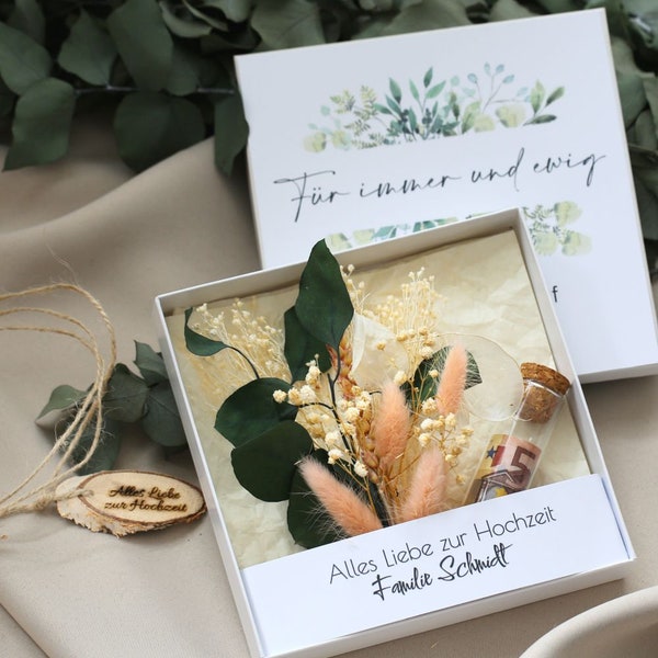 Geldgeschenk zur Hochzeit personalisiert Trockenblumen Geschenk Box Schachtel für Geld verpacken besondere Geschenkidee für das Brautpaar