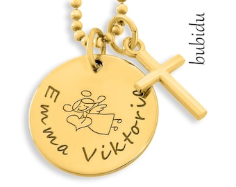 May include: Gold necklace with a round pendant featuring an angel with a heart and the names "Emma Viktor" engraved on it. A small gold cross hangs from the pendant.