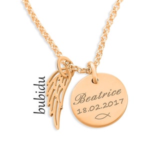 TAUFKETTE MIT FLÜGEL Taufschmuck Gravur Rosegold Taufe Kette Mädchen Taufgeschenk Schmuck zur Geburt Engelsflügel Namenskette Rosé Geschenk Bild 2