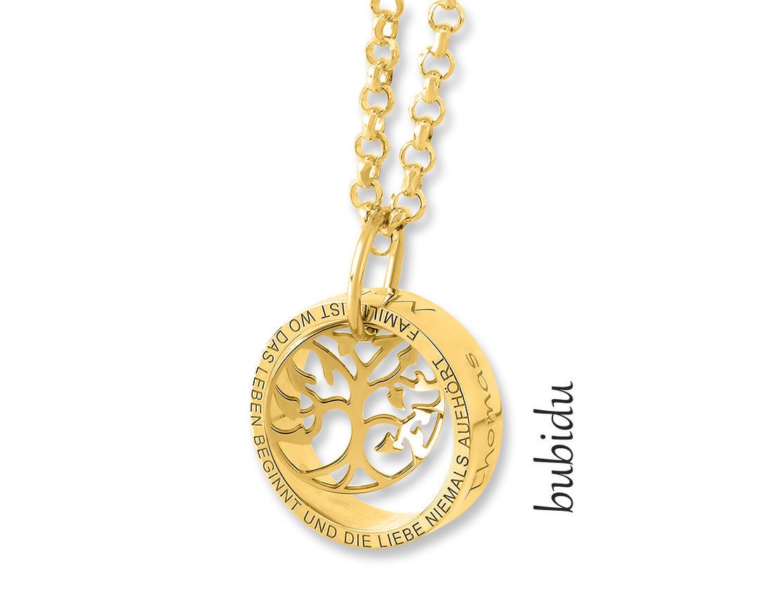 Familien Kette Gravur NAMENSKETTE GOLD Lebensbaum Ring Wunschtext