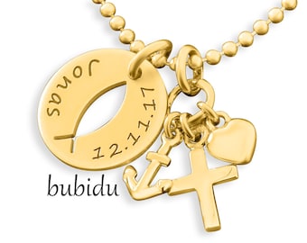 May include: Gold necklace with a round pendant featuring a fish symbol and the text "Jonas 12.17.17". The pendant is attached to a chain with a heart, anchor, and cross charm.