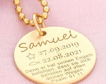 May include: Gold necklace with a round pendant engraved with the name Samuel, dates 27.09.2019 and 22.08.2021, a star, a fish symbol, and the text "Denn er hat seinen Engeln befohlen, dass sie dich behüten auf allen deinen Wegen. Psalm 91.11"