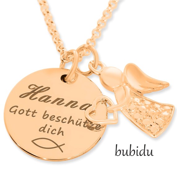 Collana con nome personalizzato per bambine, raffigurante un pesce e un angelo per il battesimo, regalo perfetto per il battesimo, la comunione, la cresima o come angelo custode. - Italia