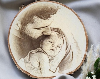Geschenk Familie Foto Baumscheibe mit Fotogravur Vatertag bester Papa Mann Muttertag für Mama Babyfoto Geburt Taufe Kommunion Geburtstag