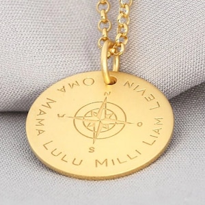 Coordinates jewelry, pendant with compass gold, engraving compass rose, gold-plated silver chain with coordinates pendant, family name chain