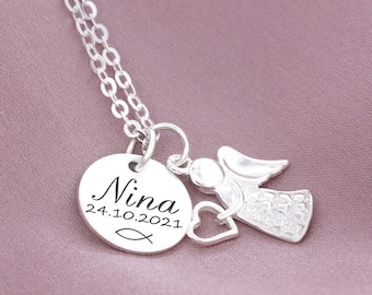 Baptism Necklace With Angel And Engraving, Baptism Jewelry Silver