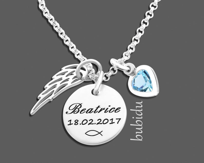 CHILDREN CHAIN SILVER christening jewelry engraving christening gift personalized name chain baptism wing heart jewelry baby name godchild image 1