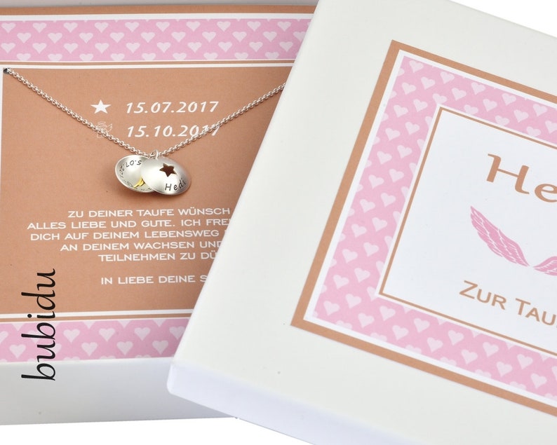 TAUFE KETTE GRAVUR Taufschmuck mit Geschenkbox Taufkette Mädchen Schachtel Text Schmuck Geburt Medaillon Stern Namenskette Baby Geschenk Bild 1