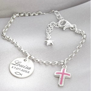 Baptism Bracelet Cross Pink or Blue Baptism Bracelet Engraving Baby Bracelet Name Personalized Gift Baptism Name Bracelet Children&#39;s Bracelet 925 Silver