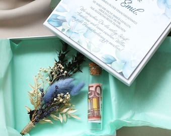 Geldgeschenk zur Jugendweihe Kommunion mit Spruch und Trockenblumen Strauß Geschenkidee Verpackung personalisiert Geschenkschachtel