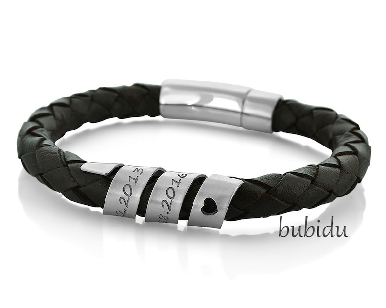 Bracelet homme noir gravure bracelet en cuir homme personnalisé bracelet homme texte 925 argent écriture cuir cadeau père papa grand-père ami image 1