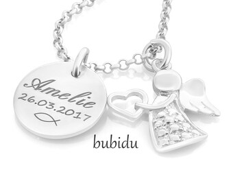 Baptism Necklace With Angel And Engraving, Baptism Jewelry Silver