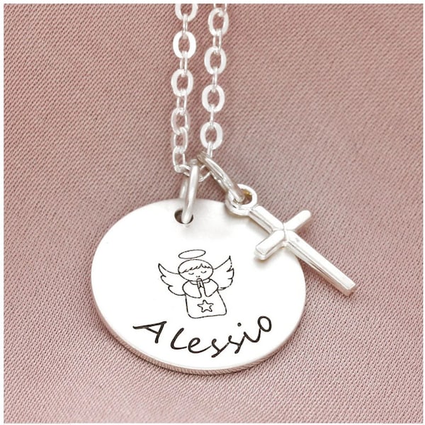 Baptism chain boy, baptism jewelry boys, cross name baptism gift silver chain with engraving little angel baptism necklace