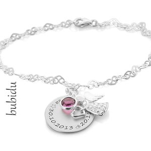 Heart Bracelet With Angel And Engraving, Silver Bracelet Hearts Bracelet Birth Guardian Angel Jewelery Name Bracelet Mothers Designer