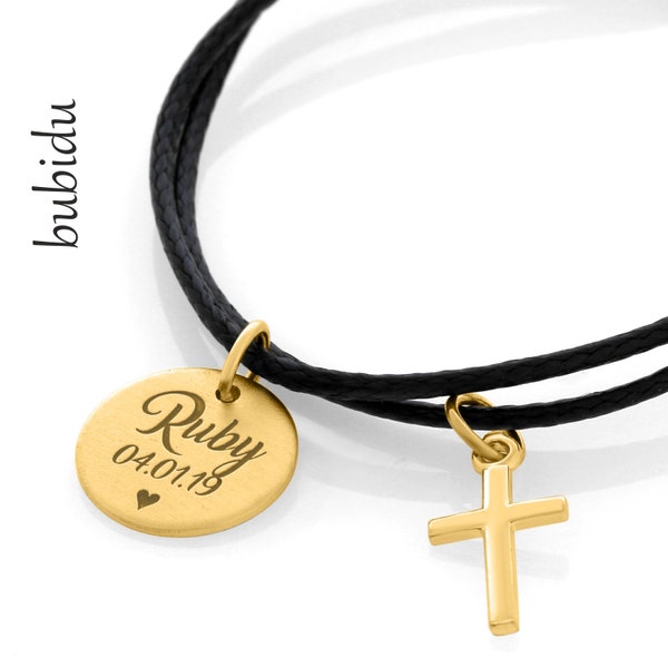 Cotton Bracelet Engraving Cross Pendant Christening Jewelry Gold Plated Bracelet Black Bracelet Baby Bracelet Cross Name Bracelet for Boys Girls