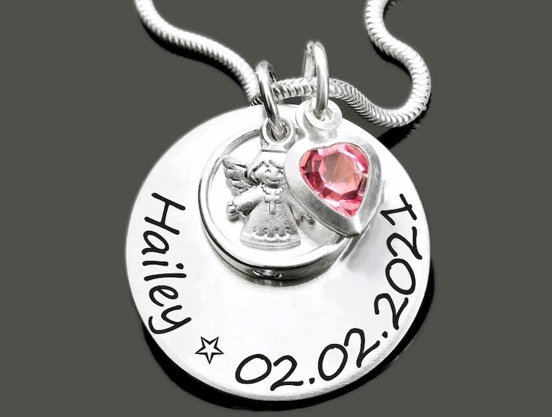 Baptismal necklace with baptismal ring crystal engraving jewelry gift godchild 925 Sterling Silver children's necklace angel name chain image 1