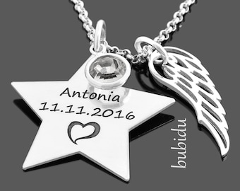 Star necklace with engraving, birth jewelry, silver jewelry, star child, keepsake, necklace for mom, birth gift, star pendant wings