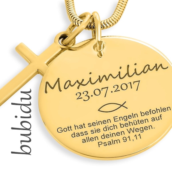 Taufe Schmuck Gravur, Taufkette Gold, Kette Psalm, Geschenk Patenkind, Anhänger mattiert