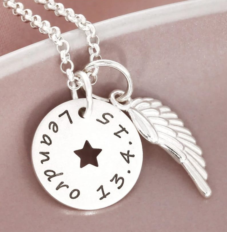 Necklace with wings, name necklace silver, guardian angel, gift for godchild, 13 mm pendant star angel wing, silver chain with engraved pendant image 1