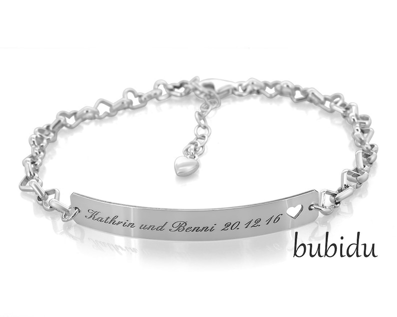 Bracelet en argent gravé pour femme, bracelet d'identification, bijoux en argent 925, bracelet en forme de cœur, bracelet en argent, bracelet à breloques de mariage, texte cœurs image 2