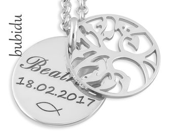 Baptism necklace engraving, christening jewelry silver, tree of life