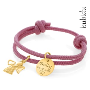 Pulsera niña ángel bautizo rosa - pulsera bautizo con grabado - pulsera nombre bebe - regalo bautizo personalizado - joyas bautizo bañadas en oro online