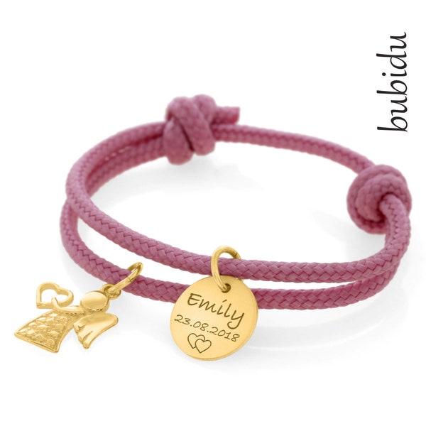 Bracelet fille ange baptême rose - bracelet baptême avec gravure - bracelet prénom bébé - cadeau baptême personnalisé - bijoux baptême plaqué or en ligne