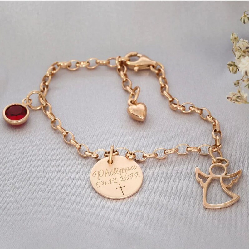 Bracelet rose gold plated name jewelry guardian angel gift baptism name bracelet children birthstone angel engraving jewelry communion