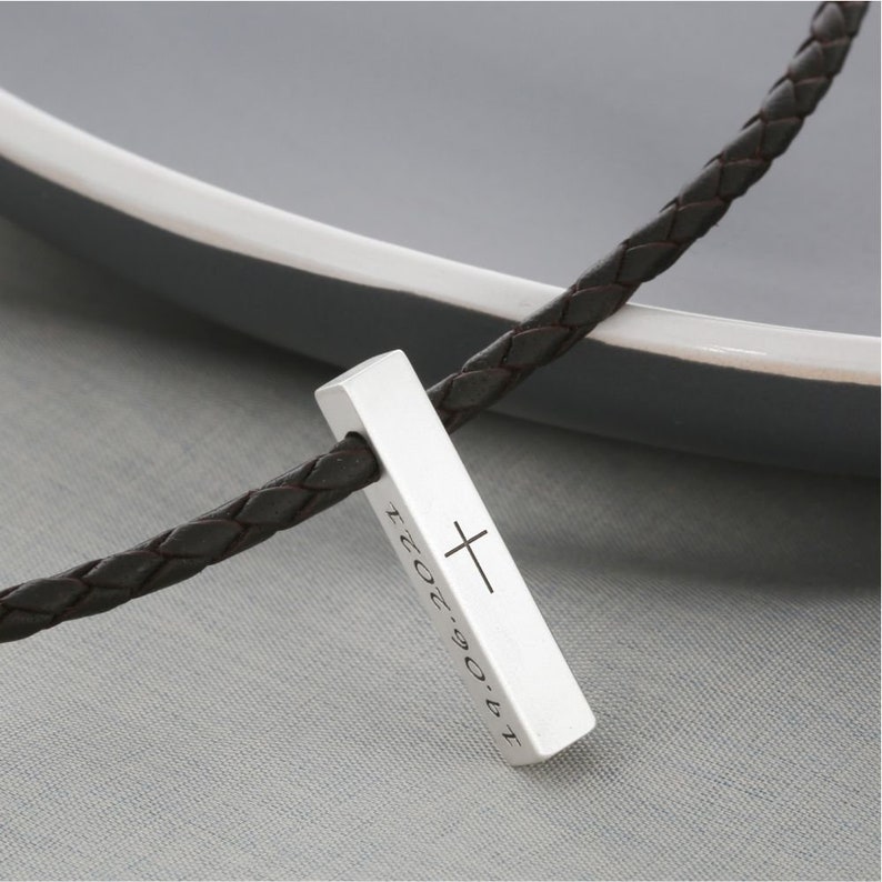 Silver bar chain personalized engraving leather chain for baptism communion bar chain necklace silver confirmation boy saying engraving image 2