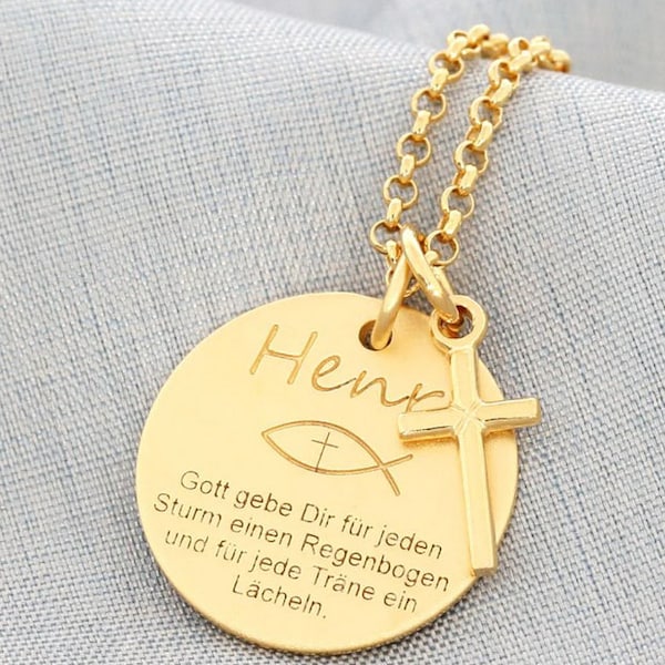 Baptismal jewelry with psalm, baptismal necklace gold engraving, baby, Ichtys engraving, baptismal saying necklace, name pendant baptismal gift, godparents, confirmation jewelry