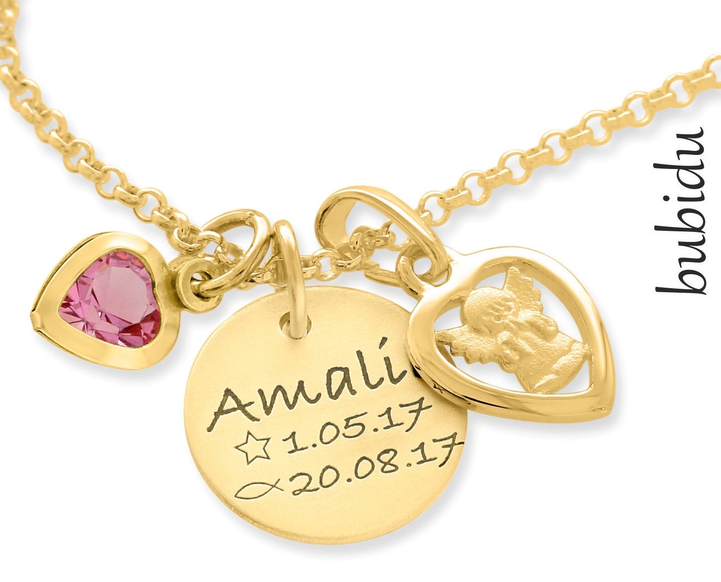 Children's jewelry baptism gold-plated engraving name chain date angel guardian angel girl boy gift birth heart communion confirmation gold