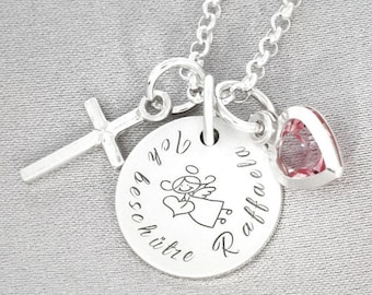 Taufkette Gravur, 13mm Anhänger Kreuz, Taufe Kette, Kristallherz, Geschenk zur Kommunion Konfirmation Geburt Einschulung Geburtstag Kinder