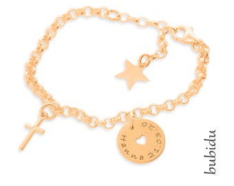 Taufschmuck rosé vergoldet Geschenk Kinderarmband  Patenkind  KommunionArmband Gravur Taufe Ichthys Kreuz Anhänger Namensarmband