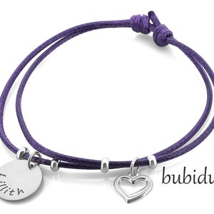 Kinderarmband mit Name Baumwoll Armband Gravur Herzchen Geschenk zur Einschulung Mädchen Schmuck personalisiert lila Armbändchen Schulanfang