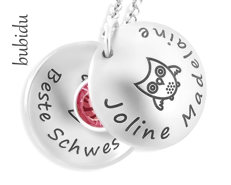 Kinderkette Gravur Medaillon Mit Namen Kinderschmuck Eule Geschenk Schwester Kette Text Eulenschmuck Kind Mädchen Silberschmuck owl BUBIDU Bild 6