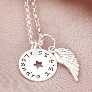 Necklace with wings, name necklace silver, guardian angel, gift for godchild, 13 mm pendant star angel wing, silver chain with engraved pendant image 4