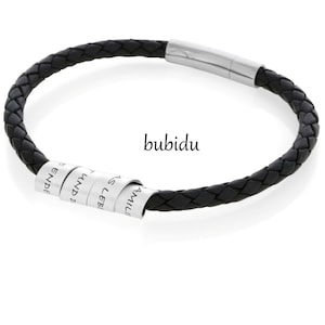 5 mm MEN&#39;S BRACELET ENGRAVING Name Men&#39;s Bracelet Black Men&#39;s Bracelet Family Pendant Jewelry Lettering Leather Bracelet Man 925 Silver Leather
