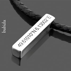 Cadena de coordenadas cadena de barra con grabado cadena de hombre joyería de hombre cadena de cuero trenzada con nombre de hombre regalo personalizado consagración juvenil