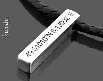 Coordinates Chain Bar Chain with Engraving Men's Necklace Men's Jewelry Necklace Leather Braided Man Name Chain Personalized Men's Necklace