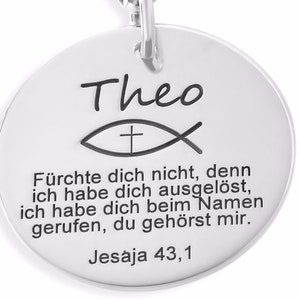 Taufkette Silber, Taufschmuck Jungen, Namenskette mit Gravur Taufgeschenk mit Taufspruch und Tauffisch Ichthys Kreuz Bild 4