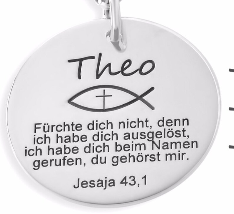 Taufkette Silber, Taufschmuck Jungen, Namenskette mit Gravur Taufgeschenk mit Taufspruch und Tauffisch Ichthys Kreuz Bild 4