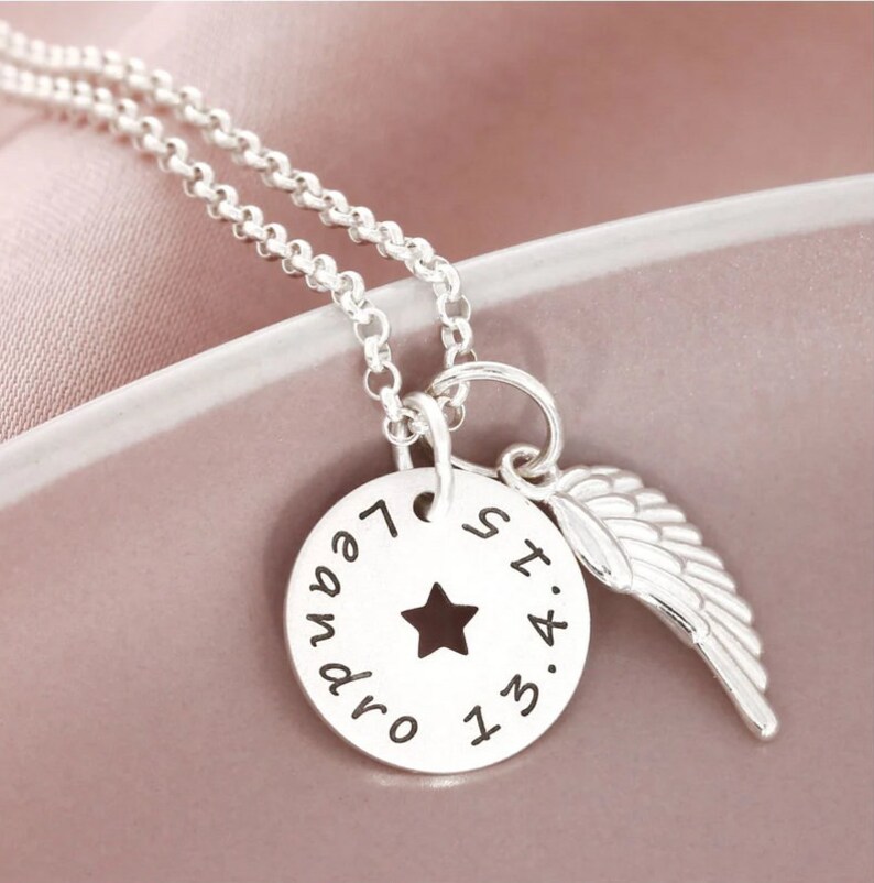 Necklace with wings, name necklace silver, guardian angel, gift for godchild, 13 mm pendant star angel wing, silver chain with engraved pendant image 3