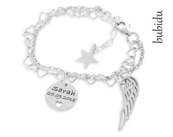 Silberarmband Gravur Herz Anhänger - Taufschmuck 925 Sterling Silber Kinderschmuck Flügel - Armband Sternenkind Namensarmband Kinderschmuck