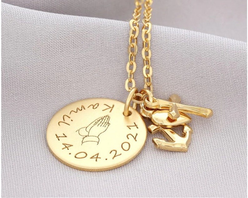 Taufkette Gravur, Taufschmuck Gold, Namenskette Glaube Liebe Hoffnung, Herz Kreuz Anker Anhänger Silberschmuck vergoldet, Taufgeschenk Bild 1