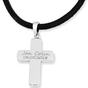 Cruz de plata de ley 925 con grabado de nombre y fecha, joyería de bautismo, comunión, confirmación, collar de cuero con colgante de cruz, collar de bautizo para niño.