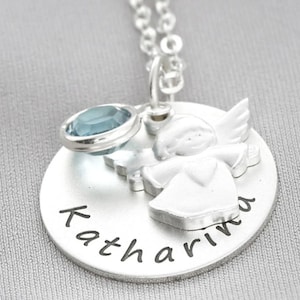 Pendentif Ange Enfant Avec Pierre De Naissance – Argent 925, Chaîne Réglable, Cadeau Baptême Ou Anniversaire