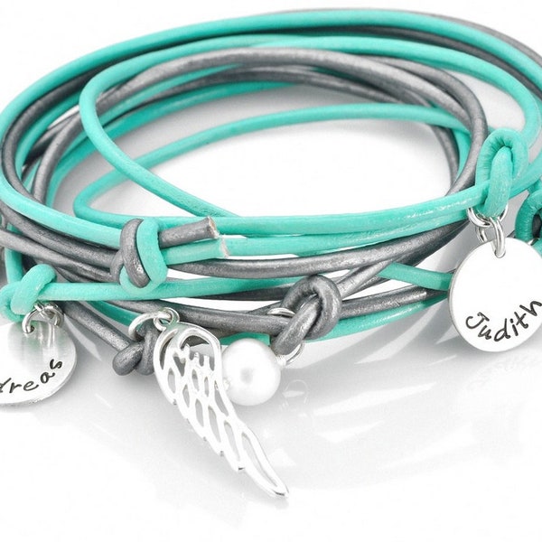 925 Sterling Silver Engraved Bracelet, Family Bracelet with Names, Leather Knotted Bracelet, Adjustable Sliding Knot, Wing Bead, Pendant Name Symbol Sign