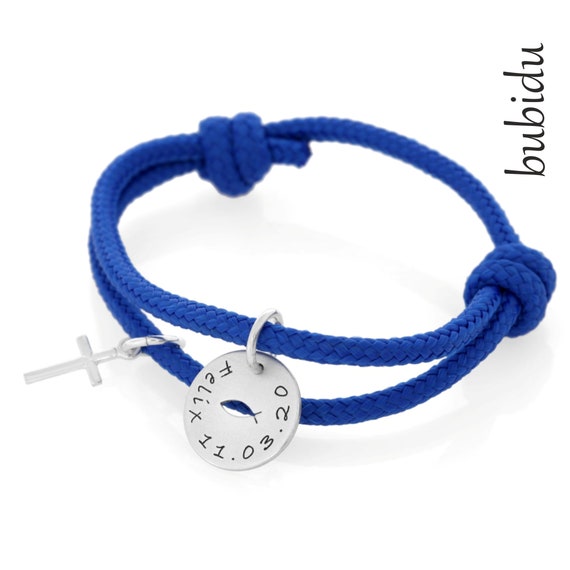 Baptism Bracelet Boy Engraving Blue Baptismal Jewelry Ichthys Etsy